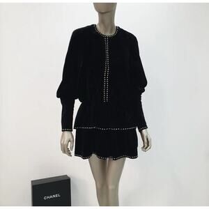 SAINT LAURENT Studded Ruffled Velvet Mini Black Dress Sz 36